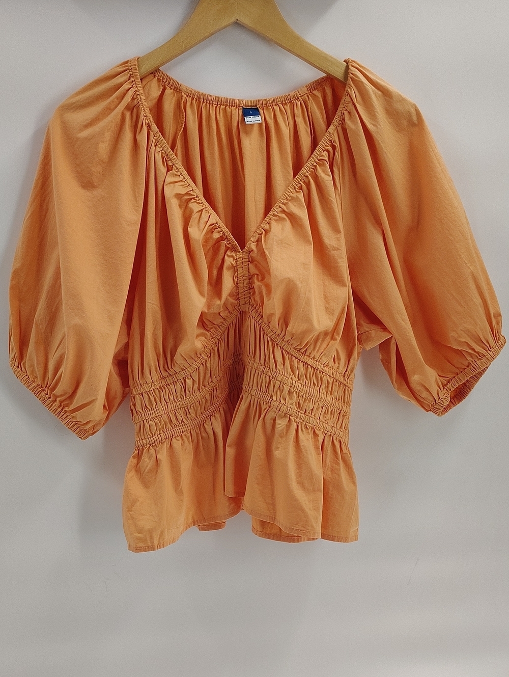 Old Navy Smocked Peplum Puff Sleeve Orange Cotton Peasant Blouse L Boho Babydoll